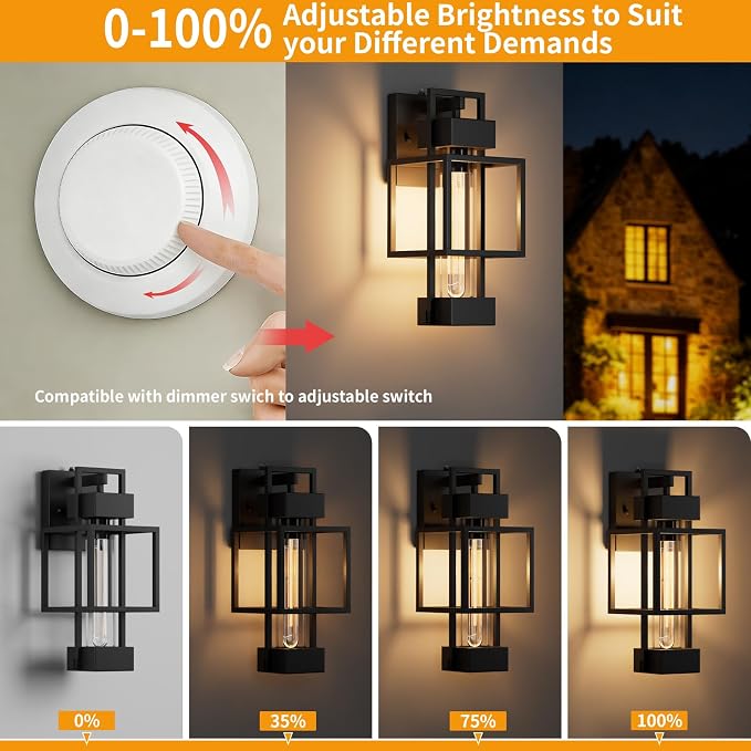 Hotsonic 2 Pack Dusk to Dawn Outdoor Exterior Lighting Fixtures Wall Mount, 15'' Dimmable Porch Lights for Outside, Waterproof Wall Lantern Lamps, Black Sconce Coach Lights for House, Garage