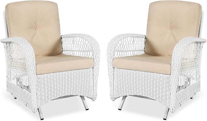 VIVIJASON 2-Piece Outdoor White Wicker Glider Rocking Chair, Patio Rattan Swing Glider Chairs with Cushions & Steel Frame, All-Weather Gliding Lawn Wicker Furniture for Garden Backyard Porch, Beige
