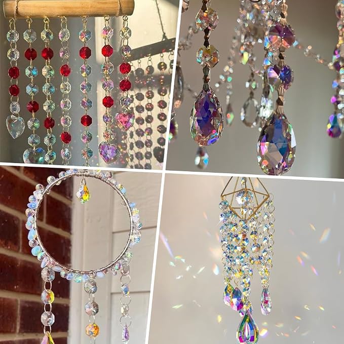 120Pcs Colorful 14mm Octagonal Crystal Beads 2 Holes Glass Octagon Prism Beads AB Color Crystal Chandelier Parts Replacement Suncatcher Faceted Spacers for DIY Lamp Hanging Pendant Jewelry
