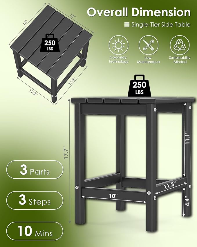 GREENVINES Adirondack-Outdoor-Side-Table | Set of 2 | Single-Tier | 14 x 13 Inches | HDPE Plastic | All Weather | Black | Outside End Tables | for Patio Porch Backyard Indoor