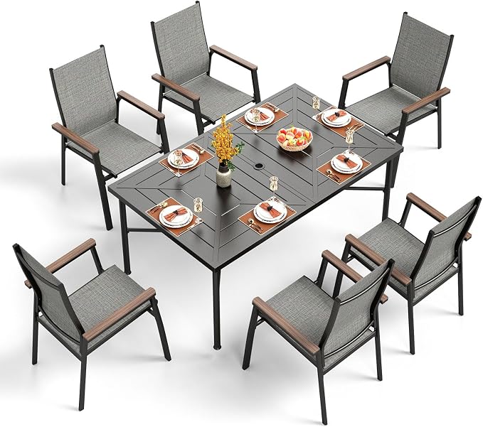 PHI VILLA Outdoor Dining Set for 6 Persons, Patio Metal Table & Aluminum Stackable Chairs, Light Weight & Space-Saving Patio Table Set for Backyard Deck, Grey
