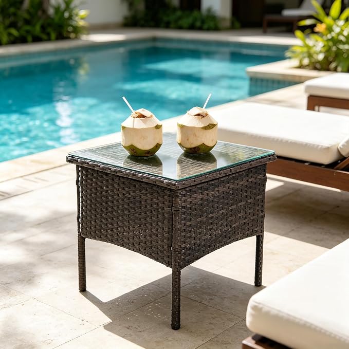 Wicker Rattan Side Table,Outdoor Patio Wicker Table,Modern Patio End Side Table with Glass Countertop and Storage Space,for Garden Balcony Porch