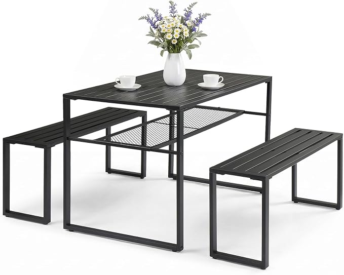 Outvita 49" Outdoor Matel Picnic Table and Bench Set with 2" Umbrella Hole and Storage Shelf, Patio Dining Set for 4 People, Outdoor Dining Table and Chair for Garden, Yard, Porch