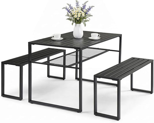 Outvita 49" Outdoor Matel Picnic Table and Bench Set with 2" Umbrella Hole and Storage Shelf, Patio Dining Set for 4 People, Outdoor Dining Table and Chair for Garden, Yard, Porch
