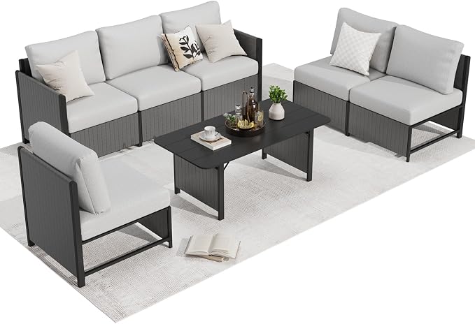MELLCOM 7 Pieces Patio Furniture Set, Modern Sectional Sofa, All Weather Outdoor Conversation Set with Cushions & Table, Gray