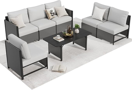 MELLCOM 7 Pieces Patio Furniture Set, Modern Sectional Sofa, All Weather Outdoor Conversation Set with Cushions & Table, Gray