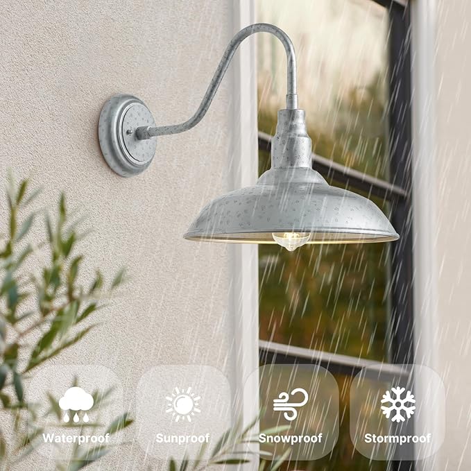 10in Dome Outdoor Gooseneck Barn Light, 2 Pack Silver Exterior Porch Gooseneck Wall Mount Lighting Fixture, Farmhouse Style Outside Barn Wall Sconce for House, Garage, Waterproof
