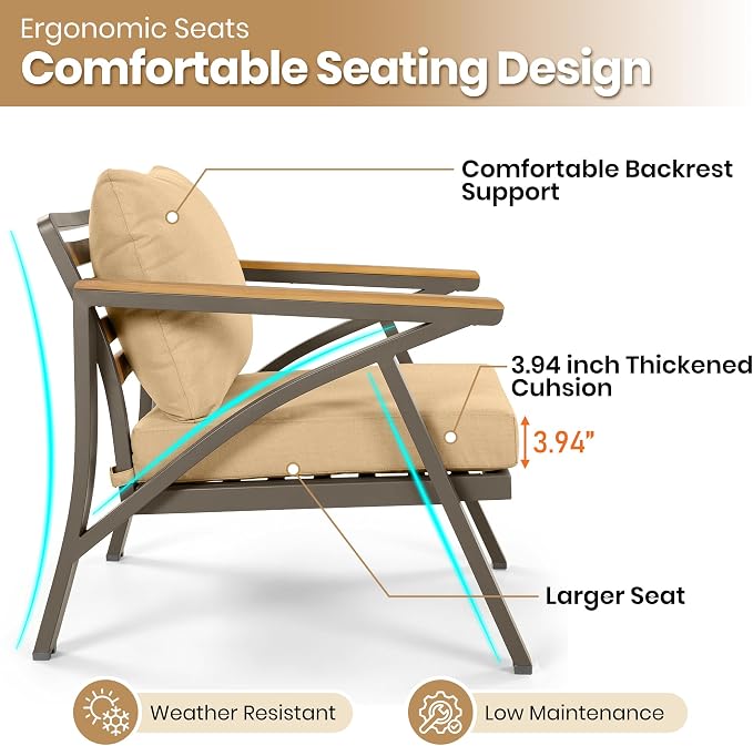 JIVOIT Outdoor Patio Furniture Set, 6-Piece Steel Frame Sofa Set with Acacia Wood Coffee Table, 3-Seat Couch, 2 Armchairs, 2 Ottomans, Cushioned Seating for Backyard, Garden, Poolside (Brown/51)