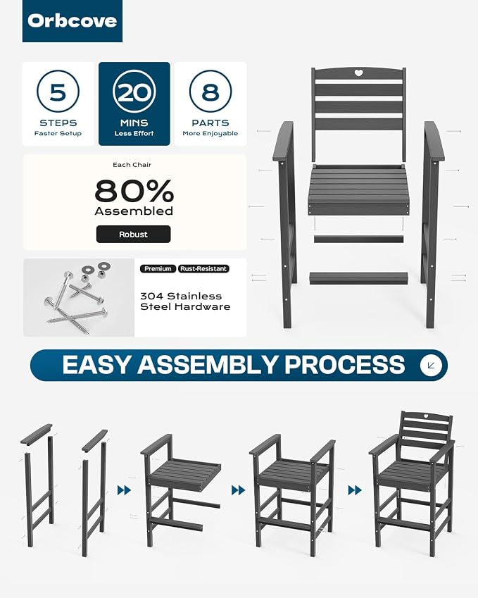 Patio Bar Table,Adirondack Chairs and Table 2 Pieces Set, Bar Height Chairs Set of 2, Outdoor Bar Stools Set,Weather-Resistant Outdoor Furniture for Deck, Balcony, Poolside Easy Assembly