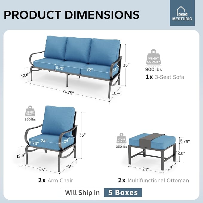 MFSTUDIO 5 Pieces Patio Conversation Sets, 7 Seats Metal Patio Furniture Sets with 1 x 3-Seat Sofa, 2 x Sofa Chairs, 2 x Ottoman, All Weather Steel Patio Sets with 5.75inch Navy Cushion for Garden