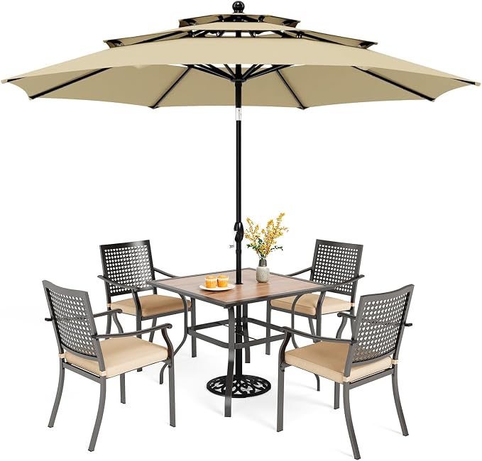 PHI VILLA Outdoor Table Chairs Set w/Umbrella, 5pc Patio Metal Furniture | 37" wrought iron square table w/ polywood top & stackable chairs for 4. 10ft beige umbrella. Dining set for deck, porch