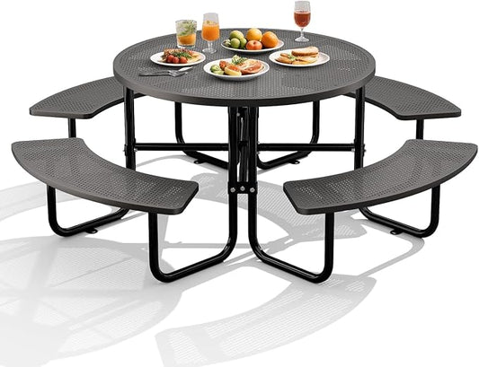 46" Coated Round Metal Picnic Table for 4-8 Person, Durable Heavy Duty Commercial Picnic Table with Umbrella Hole for Outdoor Coffee Shop, School, Easy to Install, Black
