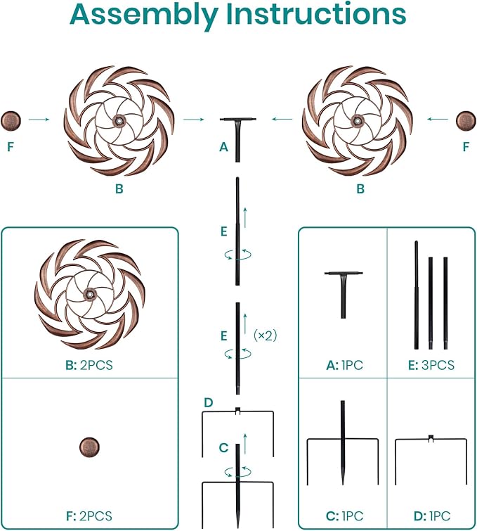 63" Copper Wind Spinner Metal Bronze Antique Clockwork Garden Yard | Antique Garden Art, Rustproof bronze sundial spinner, Whisper-quiet dual-bearing kinetic motion, Stable 5-prong stake