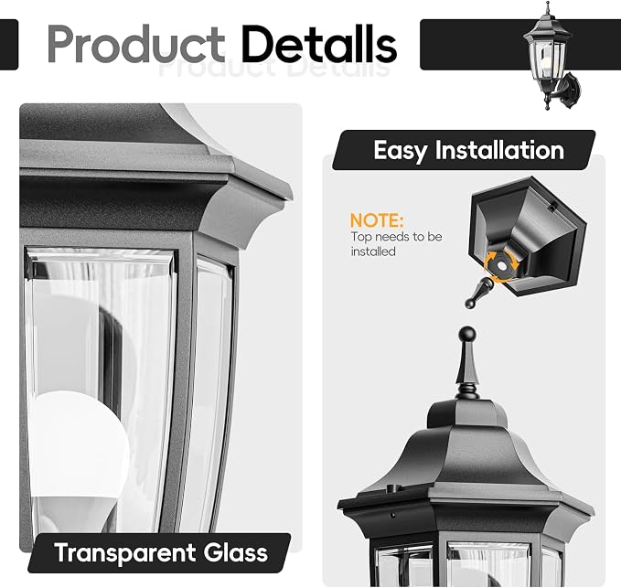 EMART Dusk to Dawn Outdoor Porch Light with Bulb, Wall Lamp(2 Pack, Black) | Exterior Anti-Corrosion, Waterproof Aluminum & Glass Shades, Modern Sconce Lantern Fixtures for Outside, House, Garage
