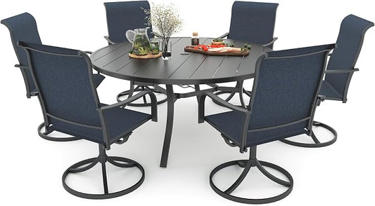 Patio Dining Set 7 Suit 6-8 Person 54" Round Table Navy Blue Swivel Chairs | 6 Piece Swivel Chairs: High Back, Curved Armrest, Textilene Fabric, Rocking; 6-8 Person 54 inch Metal Round Table
