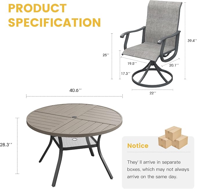 VICLLAX Patio Dining Set for 4, 5 Pieces All Weather Outdoor Dining Set - 40.6" Round Outdoor Table and 4 Patio Swivel Chairs for Lawn Garden, Grey Wood Grain Tabletop and Grey Fabric