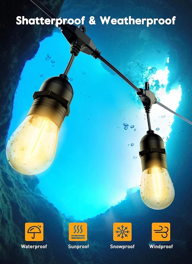 Outdoor String Lights, 157FT 50 Bulbs Shatterproof Patio Lights with Remote | IP65 Waterproof Dimmable Hanging Connectable LED Outdoor Lights for Backyard, Bistro, Porch, Deck, Balcony