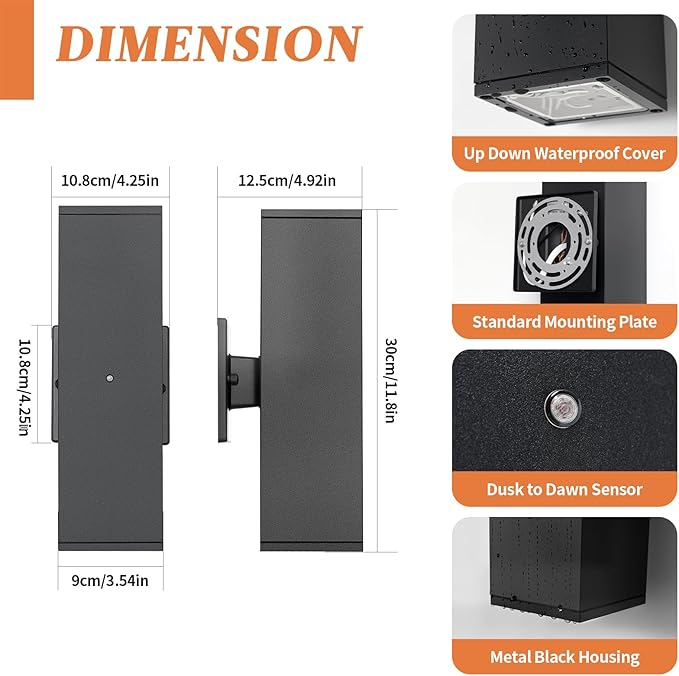 1 Pack Dusk to Dawn Outdoor Lighting, LED Square Up and Down Outdoor Sconce Lights, Matte Black Exterior Lighting Fixtures with 7W LED Bulbs, Front Porch Lights for house, Garage, Patio, Doorway
