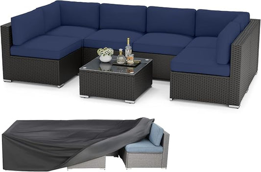 SOLAURA 7 Pieces Outdoor Patio Furniture Set, Black Brown Rattan Outdoor Patio Sectional Conversation Set, Modular Sofa Set with Coffee Table, Navy Blue (Include Sofa Cover)