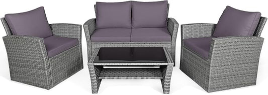 COSTWAY 4 Pieces Patio Rattan Furniture Set, Outdoor Wicker Sofa Set with Tempered Glass Coffee Table, Cushions, All Weather Rattan Conversation Set for Yard Balcony Backyard Pool (Grey)