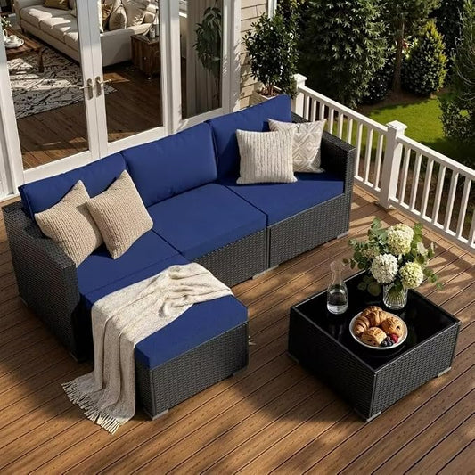 Skyfish Patio Furniture Set - Wide Armrests - All-Weather 5 Piece Outdoor Wicker Sectional Couch with Chaise Lounge,Couch Conversation Set, PE Rattan Sofa for Backyard Porch Poolside Black/Navy Blue