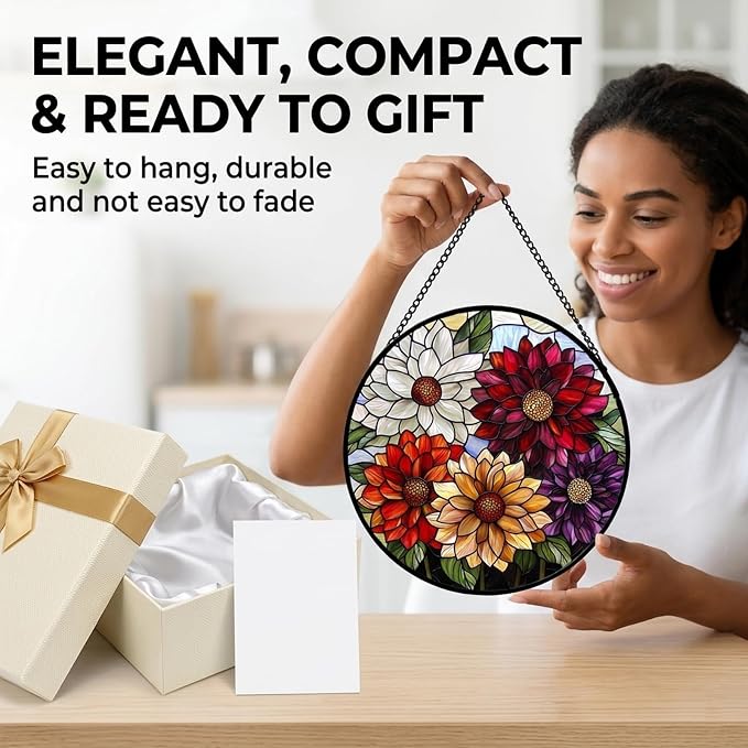 Birthday Gifts for Women - Colorful Flowers Faux Stained Glass Window Hanging Sun Catcher for Door Garden Acrylic Decor Mother's Day Christmas for Mom Nana Grandma Sisters Wife 11.8"