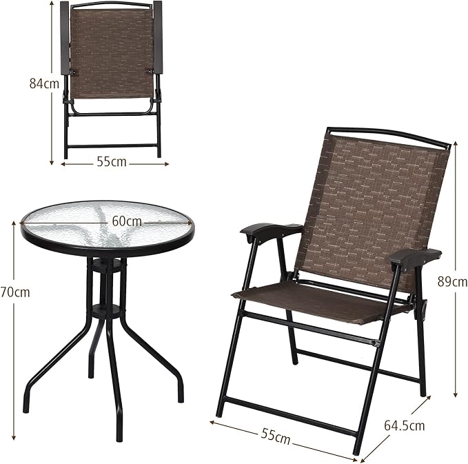 SPSUPE 3 PCS Outdoor Patio Set, Dining Furniture Set with Round Table, 2 Folding Chairs, Glass Tabletop, Ideal for Garden Pool Backyard Versatile Bistro Set