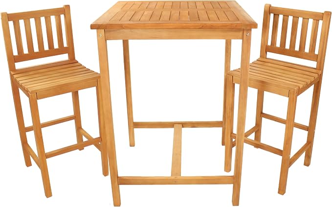 Sunnydaze 3-Piece Teak Wood Bar-Height Patio Table Set - Outdoor Bar Table and Chairs - for Balcony, Home Bar, or Deck