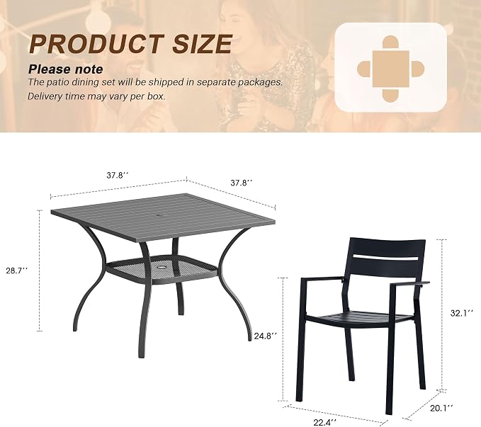 VICLLAX Patio 5 Pieces Outdoor Dining Set for 4, Wrought Iron Metal Outdoor Table and Chairs Set, 38" Square Table with Umbrella Hole and 4 Stackable Chairs for Lawn, Garden, Porch, Dark Grey/Black
