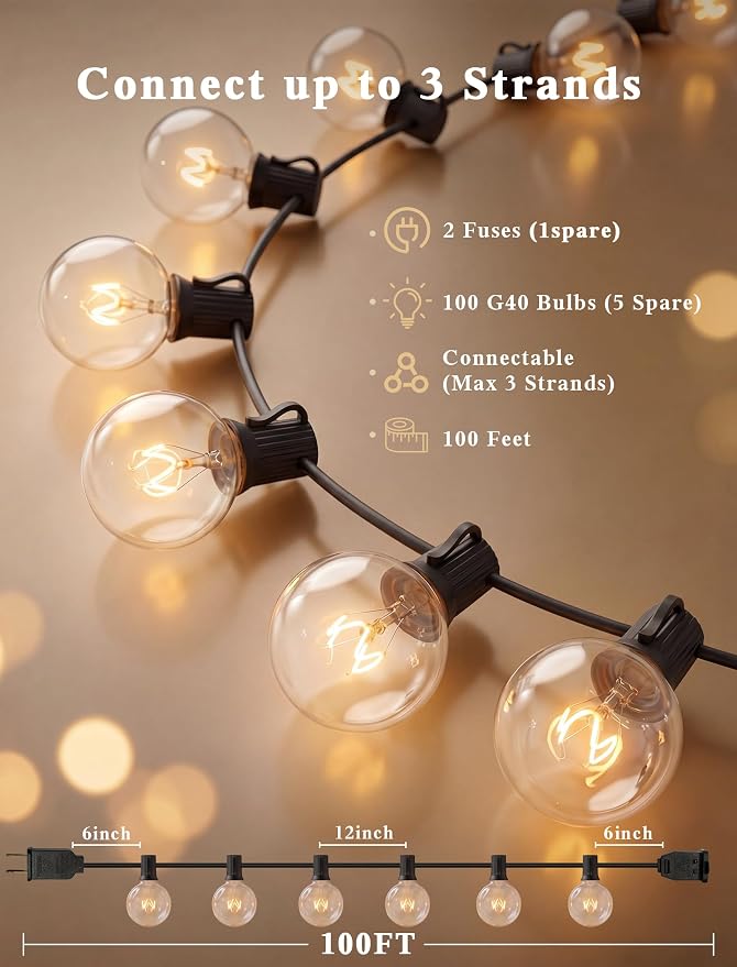 Abeja Outdoor String Light 100 Ft G40 Patio Lights with 105 Edison Glass Bulbs E12 Socket Base (5 Spare) Globe Clear Hanging Lights for Backyard Balcony Deck Party Decor, Not Connectable, Black