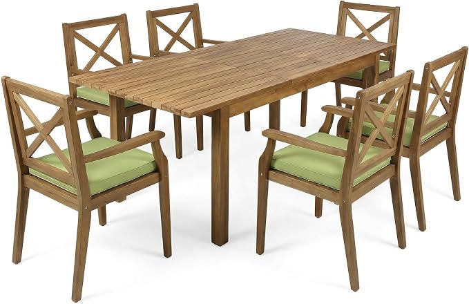 7-Piece Outdoor Patio Expandable Dining Table Set, All-Weather Acacia Wood Dinning Set with 6 Armchair and Cushions for Garden Backyard Balcony Deck Poolside (Green Cushions+Teak)