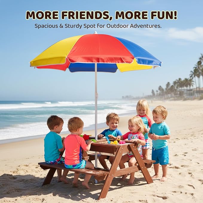 JOYMOR 4-in-1 Kids Picnic Table w/2 Sensory Bins, Cedar Wooden Sand & Water Table with Height Adjustable Umbrella, Wooden Kids Outdoor Picnic Tables for Garden, Backyard, Patio Furniture(Walnut)