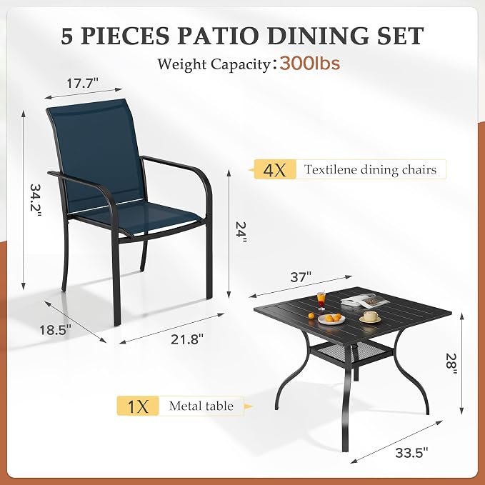 Incbruce 5 Pieces Patio Dining Set, Outdoor Dining Set of 4 Textilene Chairs and Square Table with Umbrella Hole for Backyard, Garden, and Poolside (Blue)