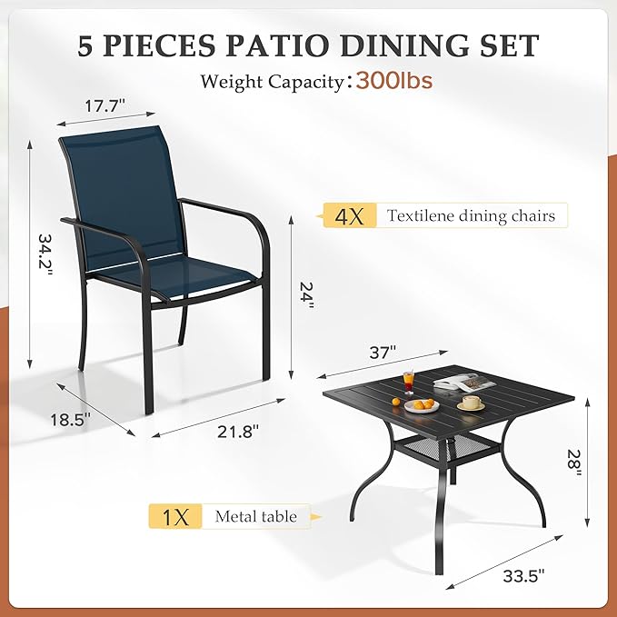 5-Piece Patio Dining Set,4 Person Outdoor Table and Chairs Set, 4 Metal Dining Chairs and Square Outdoor Table with 1.57" Umbrella Hole,Blue