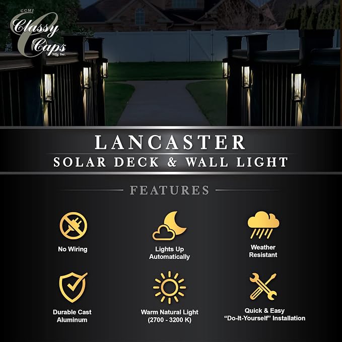 Classy Caps SWL888 - Black Aluminum Lancaster Deck & Wall Light (2 Pack) – Outdoor Solar LED Lighting, Durable Black Aluminum, Real Glass Construction, Perfect for Outdoor Decks, Patios, and Walls.