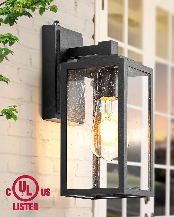 VIANIS Dusk to Dawn Outdoor Porch Lights Wall Mount, Modern Black Exterior Lighting Fixtures for House, Anti-Rust Aluminium Waterproof Outdoor Wall Sconce Lantern for Garage with Tempered Seeded Glass