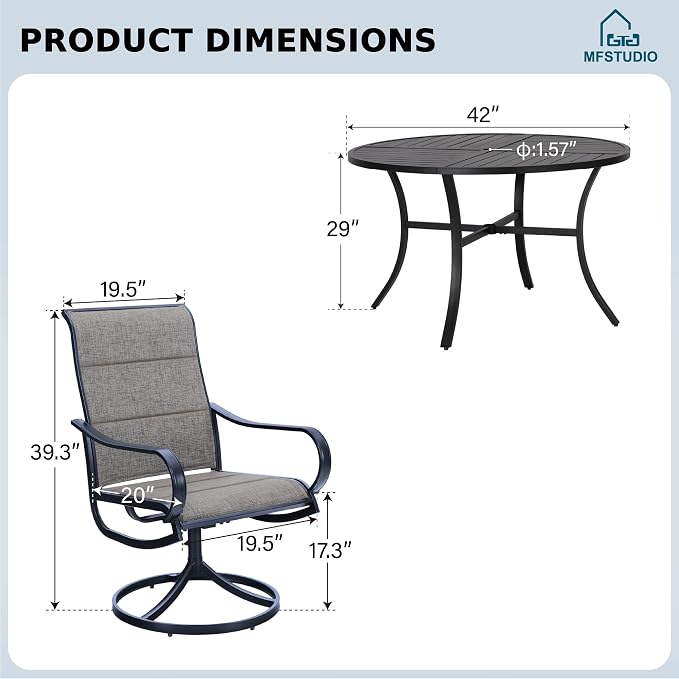 MFSTUDIO Round Patio Table & Swivel Chairs, 5 Piece Outdoor Dining Set | Padded textilene, Ergonomic high back, Metal table w/Umbrella hole, Rust-reistant, 4 Person, Patio deck garden backyard