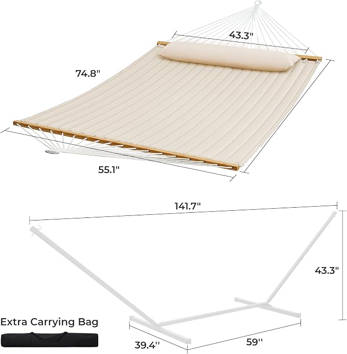 SUPERJARE Hammock with Stand, 2 Person Quilted Outdoor Hammock, Detachable Pillow & Bamboo Spreaders, Portable Hammock with Carrying Bag, Heavy Duty Stand, Perfect for Outside, Patio, Cream Beige