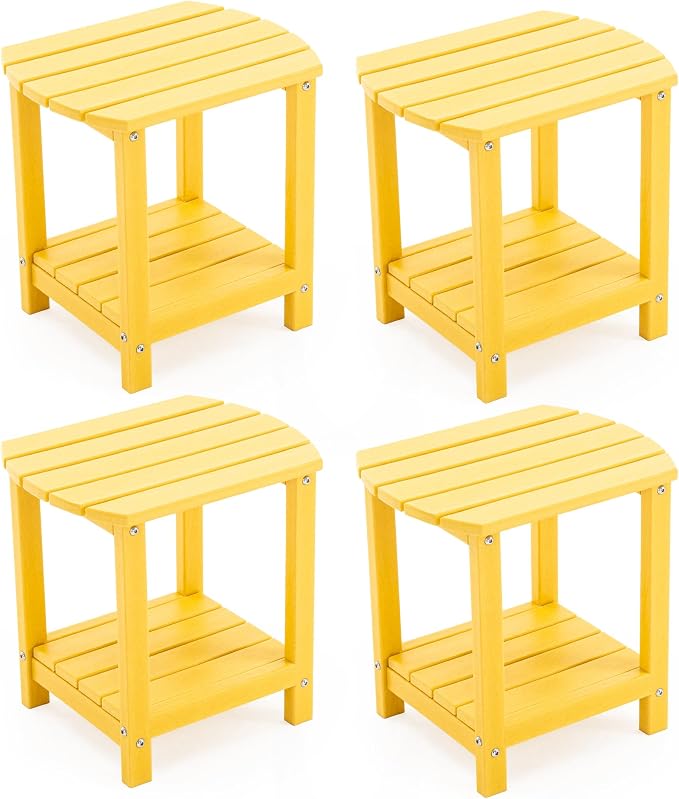 Adirondack Small Outdoor Side Table - Weatherproof HDPE Patio End Table with 2-Tier Storage for Firepit, Balcony, Garden, Poolside or Bathroom (Yellow, Set of 4)