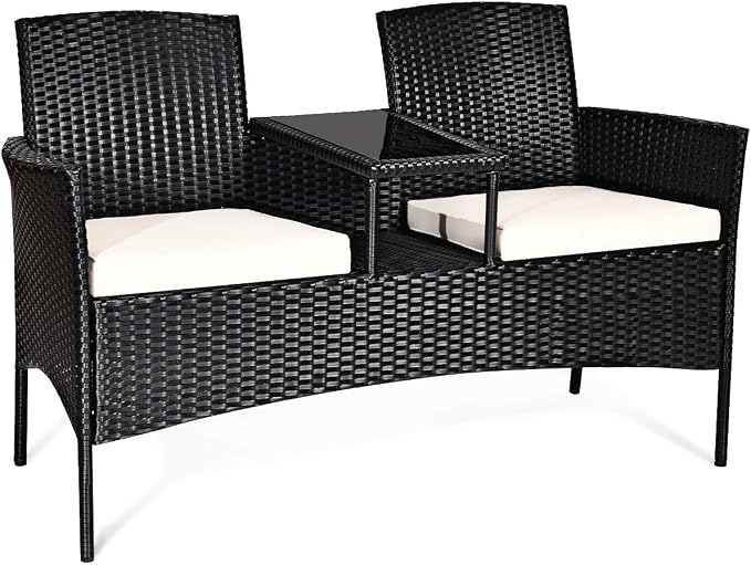 COSTWAY 2-Seat Patio Conversation Sets, Outdoor Patio Loveseat Set with Removable Cushions & Built-in Coffee Table for Backyard, Garden, Lawn, Balcony, Black+Beige