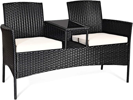 COSTWAY 2-Seat Patio Conversation Sets, Outdoor Patio Loveseat Set with Removable Cushions & Built-in Coffee Table for Backyard, Garden, Lawn, Balcony, Black+Beige