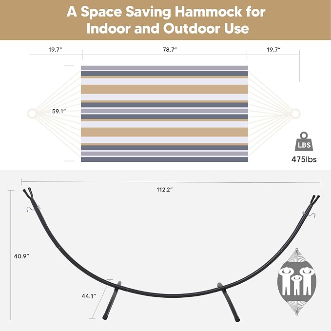 SUNCREAT 2 Person Hammock with Stand, Heavy Duty Free Standing Hammock with Stand Included, Coffee Stripes