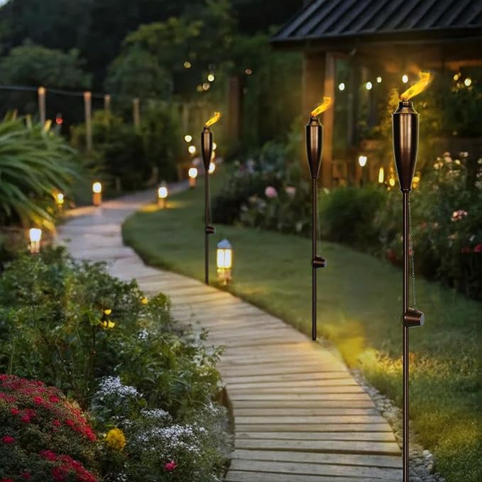 Garden Torches for Outside -Deco Home Pack of 4 Metal Garden Torches Citronella Oil for Outdoor Ambiance - Decorative and Functional Citronella Torches for Patio, Lawn, and Backyard- Bronze