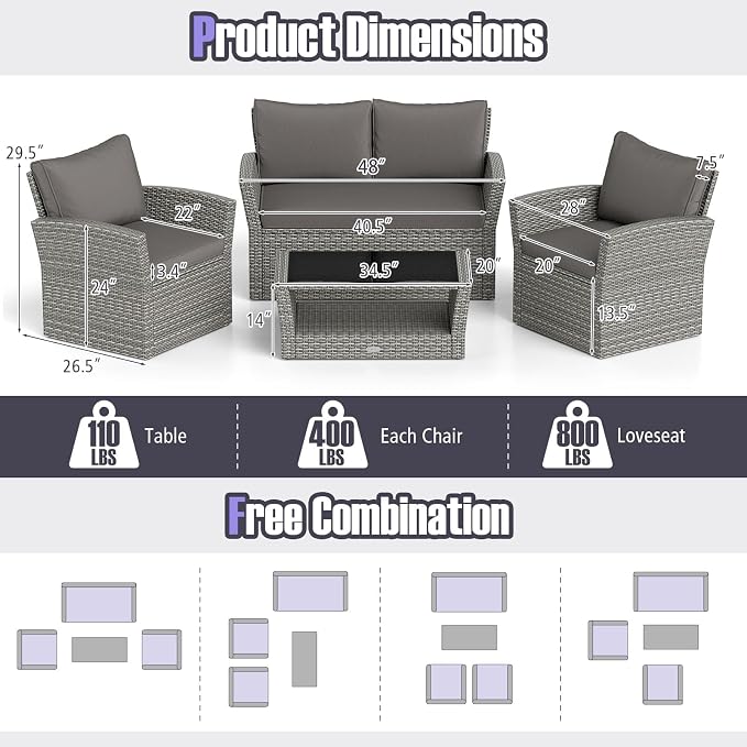 Tangkula 4 Pieces Patio Furniture Set, Outdoor PE Wicker Sectional Conversation Bistro Set with 2 Rattan Chairs, Loveseat, 2-Tier Tempered Glass Coffee Table and Cushions for Balcony, Garden (1, Gray)