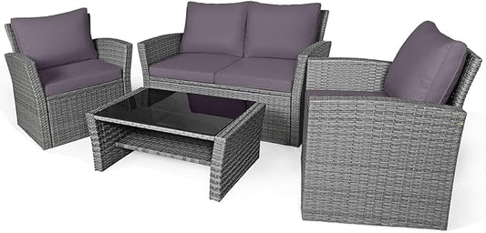 Tangkula 4 Pieces Patio Furniture Set, All Weather Outdoor Sectional Rattan Sofa Set with Cushions & Tempered Glass Table, Wicker Conversation Couch Set for Backyard Garden Poolside