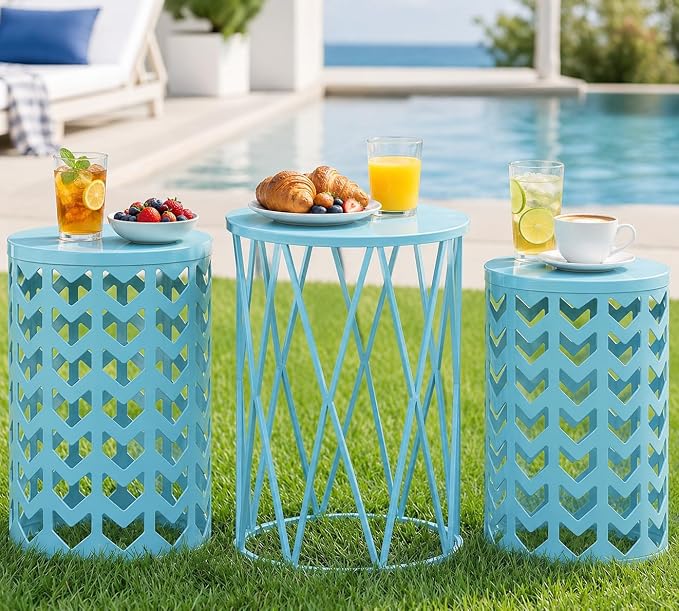 Y&M Set of 3 Stacking Coffee Table for Living Room, Patio Side Table,Indoor End Tables for Bedroom, Outdoor Decorative Garden Stool with Heavy Duty Metal Frame Modern Industrial Decor - Light Blue