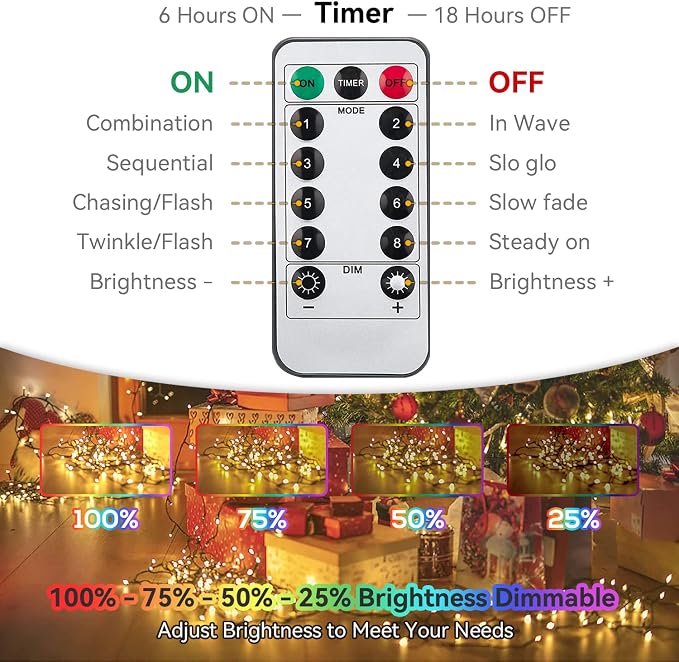 Battery Operated String Lights, 33Ft 100LED Warm White Fairy Lights, IP65 Waterproof Remote Control Timer 8 Modes for Christmas Garden Wedding Party Patio Indoor Outdoor Decor