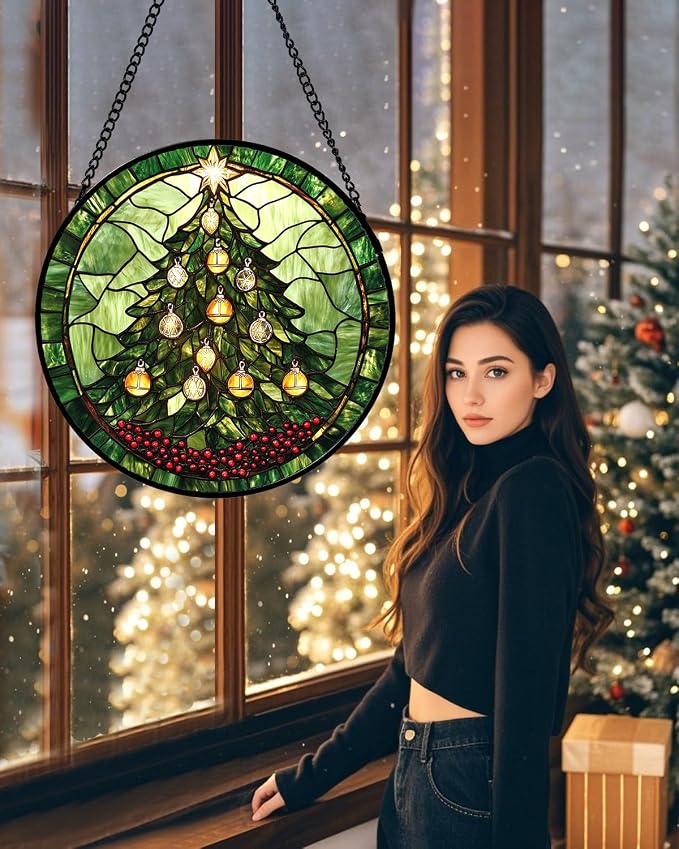 DASTOLL Stained Glass Window Hanging - Green Christmas Tree Golden Bells Suncatcher for Doors Home Christmas Decoration Sun Catcher Thanksgiving New Year Birthday Gift for Women Men Mom Nana 9.8 in