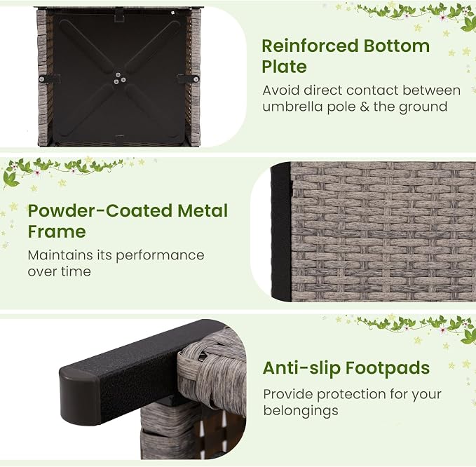 Patio Side Table with Umbrella Hole, 22" Rattan Wicker Umbrella Stand Table, Outdoor End Table for Patio, Garden, Poolside & Yard (Mix Gray)