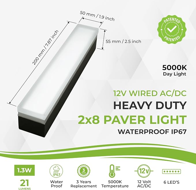 LUMENGY Paver Light 2x8 Inch (1.97x7.87), 5000K Daylight, Glare-Free Brick Lighting for Driveways, Walkways, Pool Decks and Patios, 12V Hardwired, IP67 Waterproof, Drive-Over Rated